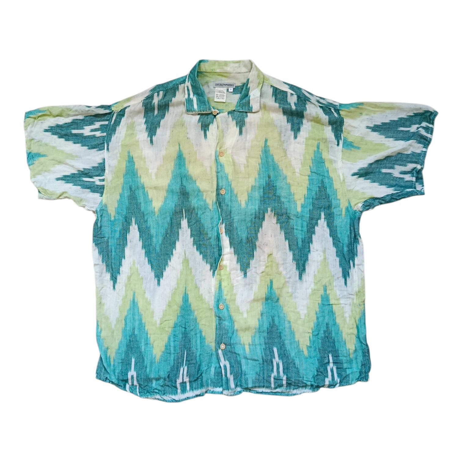 Emporio Armani Vintage 90s Rare Ikat Pattern Green Camp Collar Loose Fit Shirt M