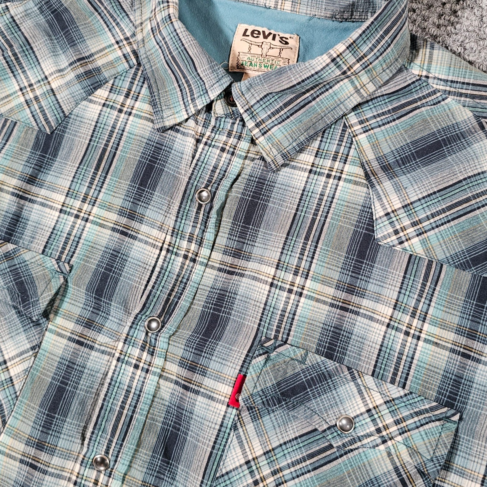 Vintage Levi’s Plaid Western Shirt Short Sleeve Pearl Snap Button Up Cowboy XL