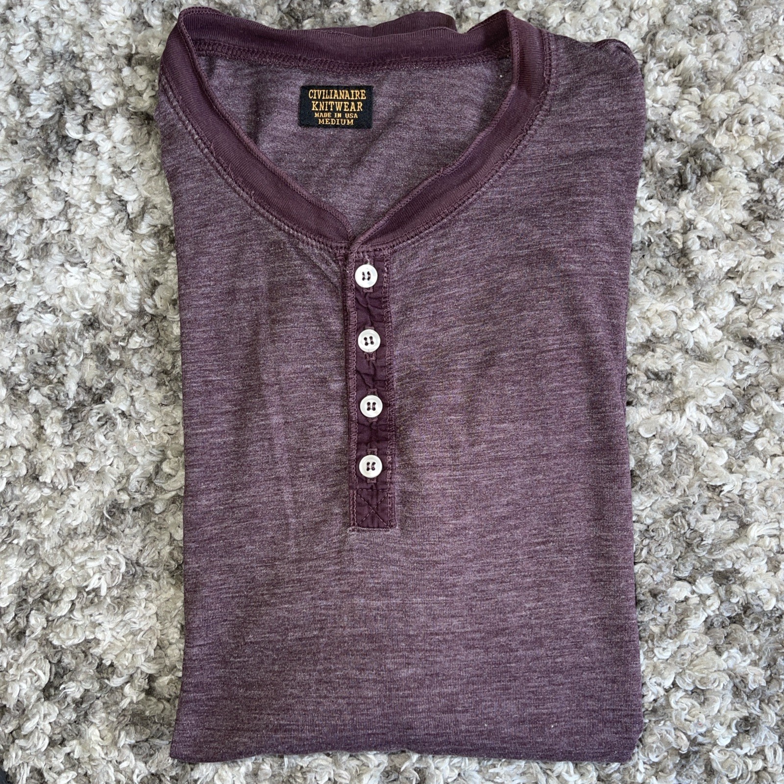 Civilianaire Knitwear Henley Purple Crew Neck T Shirt Mens MED Long Sleeve USA