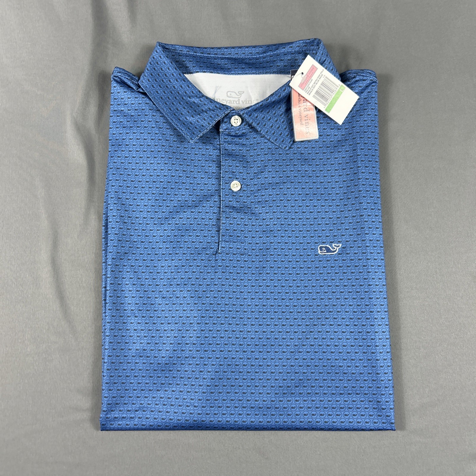 Vineyard Vines Golf Shirt Polo Whale Dot Micro Print Large Wave Blue Polyester