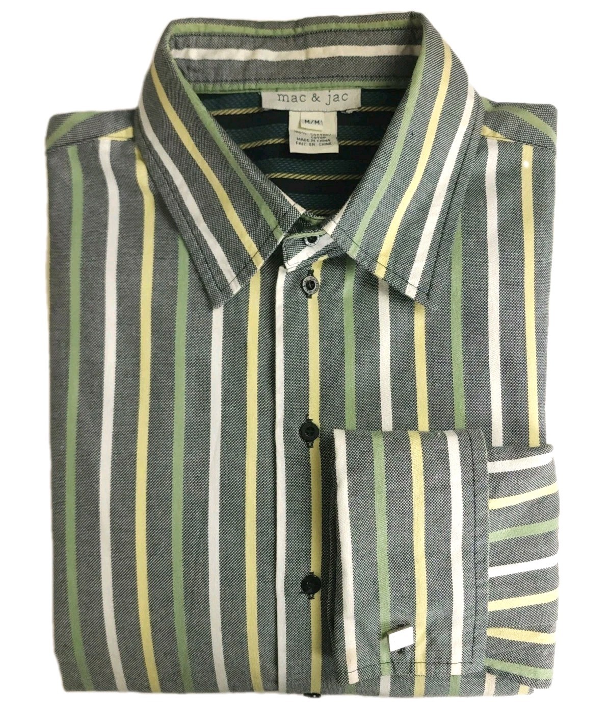 Vintage French Cuff Sz M Heavy Woven Button Shirt Green Striped w/ Cuff Links