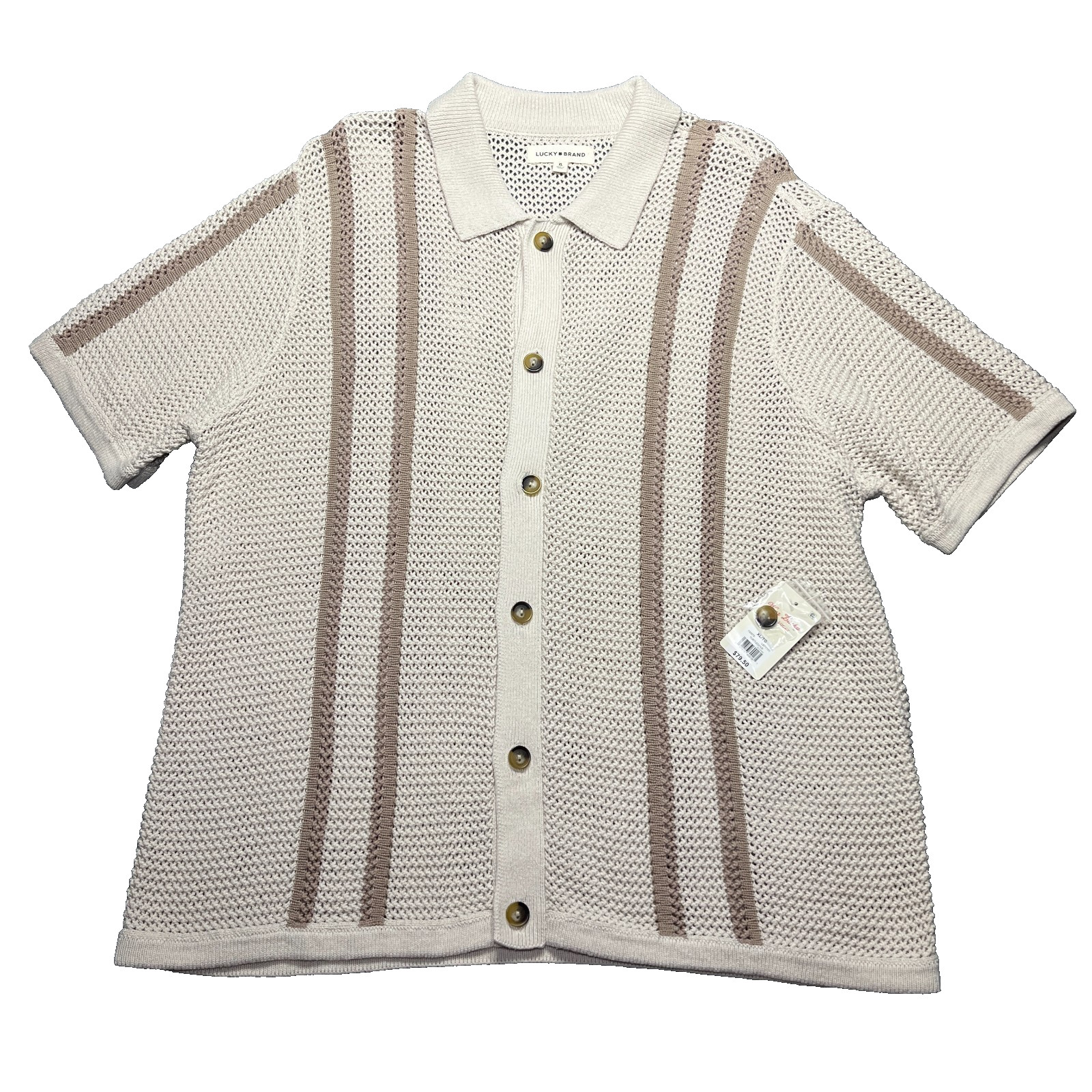 NWT Lucky Brand Crochet Knit Button Up Shirt Mens XL Cream Beige Short Sleeve