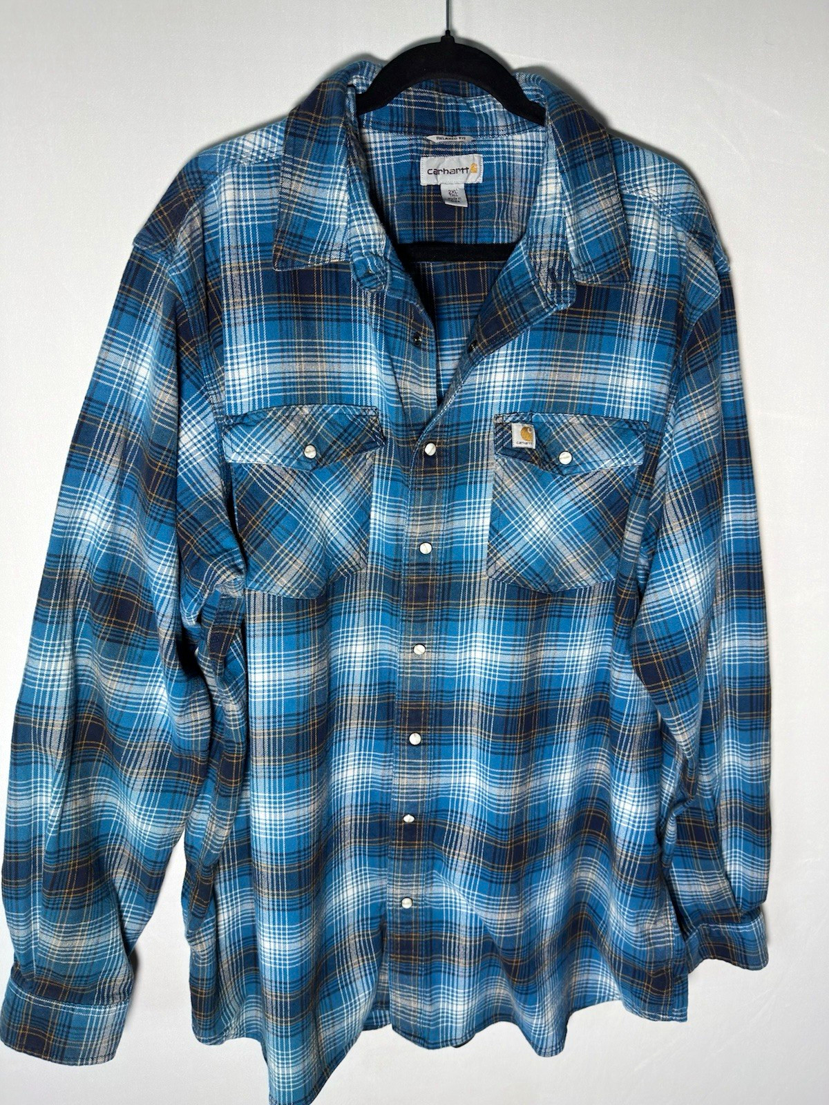 Carhartt Men’s 2XL Tall Relaxed Fit Teal&White Plaid Flannel With Pearl Snaps