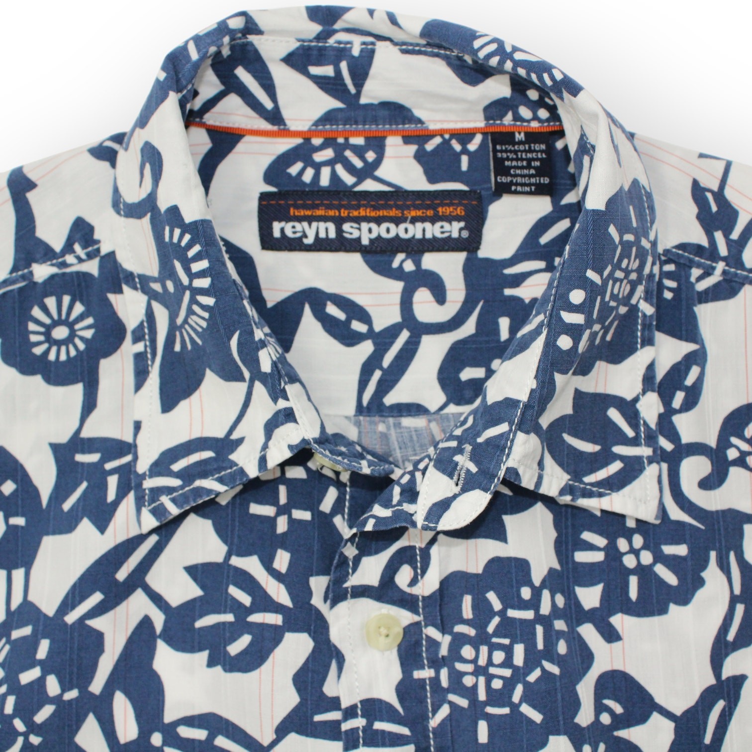 Medium Reyn Spooner Aloha Hawaiian Shirt Cotton~Tencel FREE SHIPPING white~navy