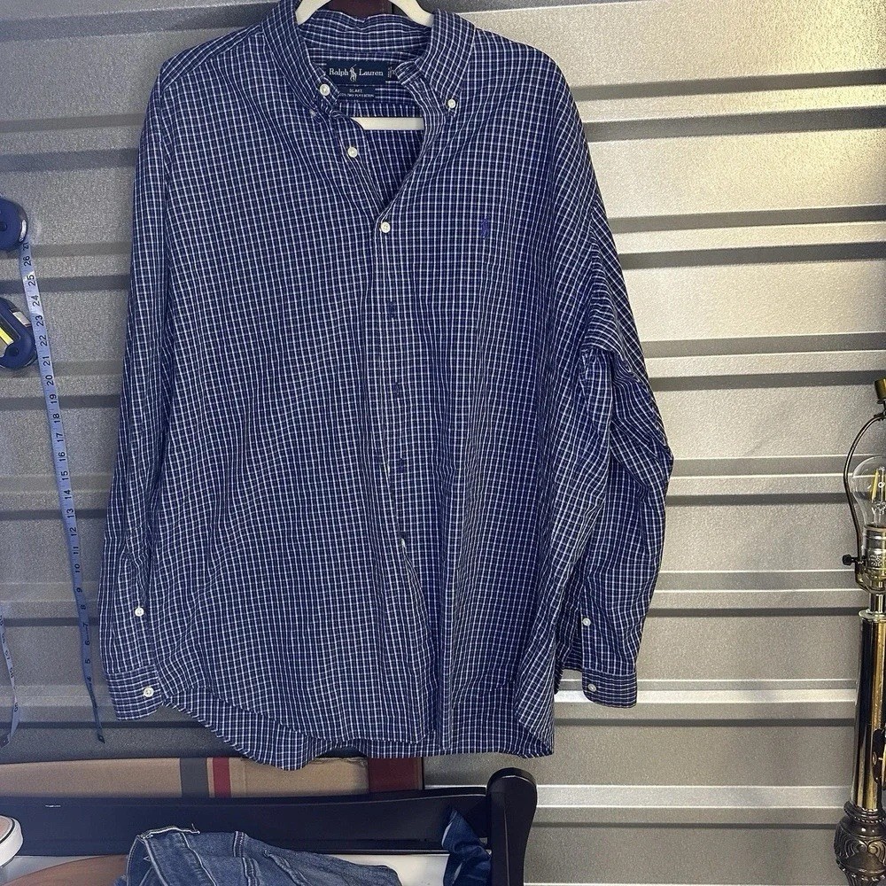 Men’s L Blue/White Check Woven Button-Down Collar Long Sleeve Button-Up