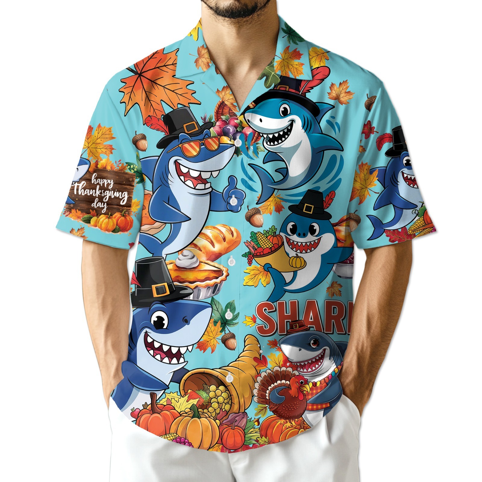 Shark Thanksgiving Hawaiian Shirt Funny Turkey Holiday Aloha Gift