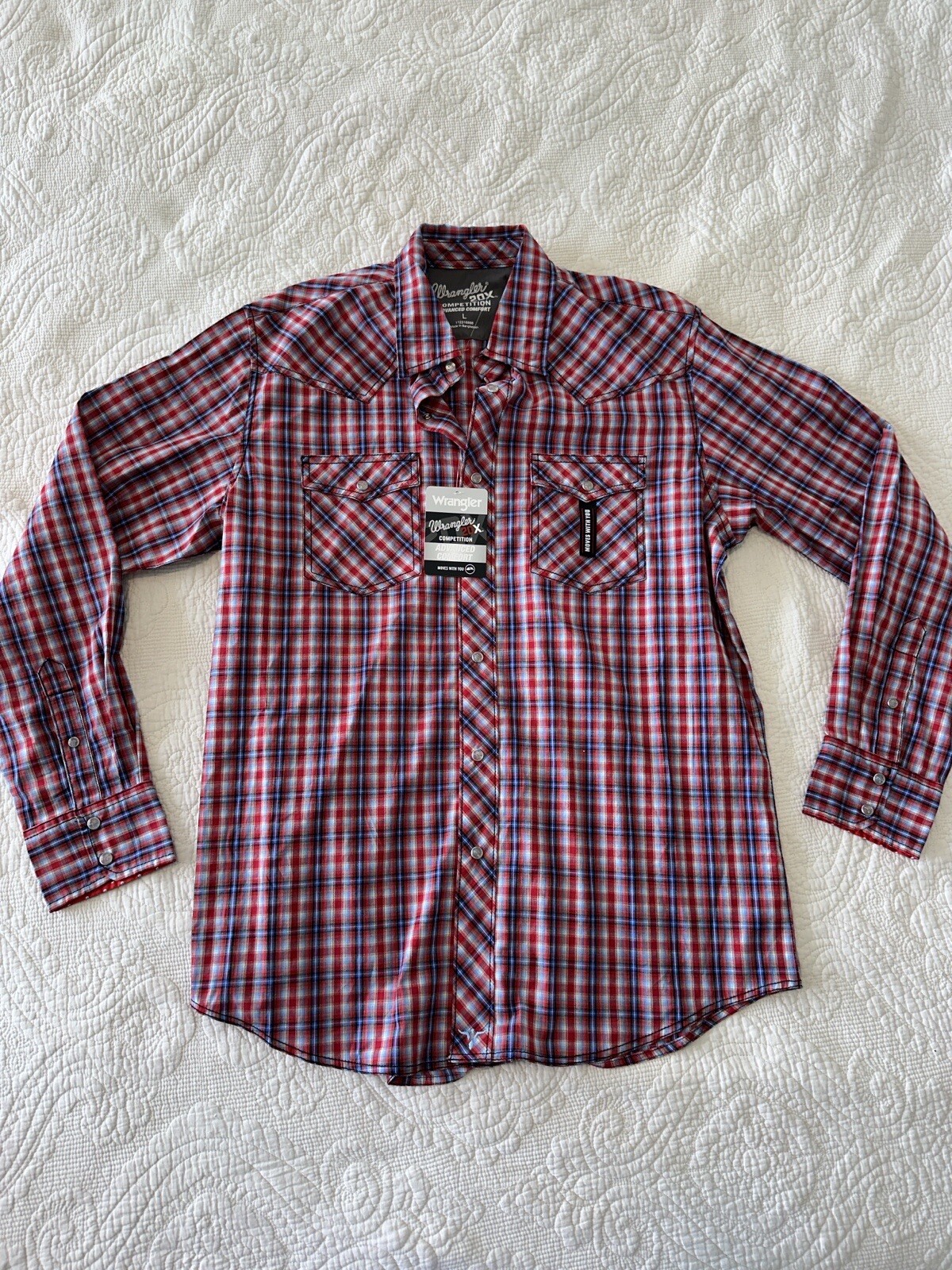 Wrangler Men’s 20X Plaid Print Competition Advanced Comfort Long Sleeve Pearl L