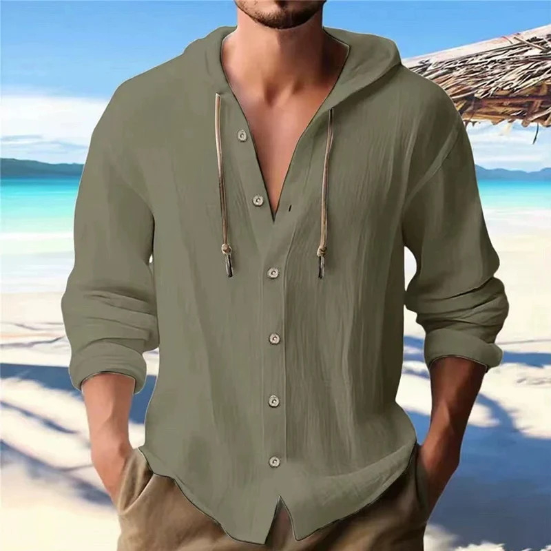 Men’s Solid Linen Long Sleeve Hooded Shirt Casual Streetwear Clothing Men Gift