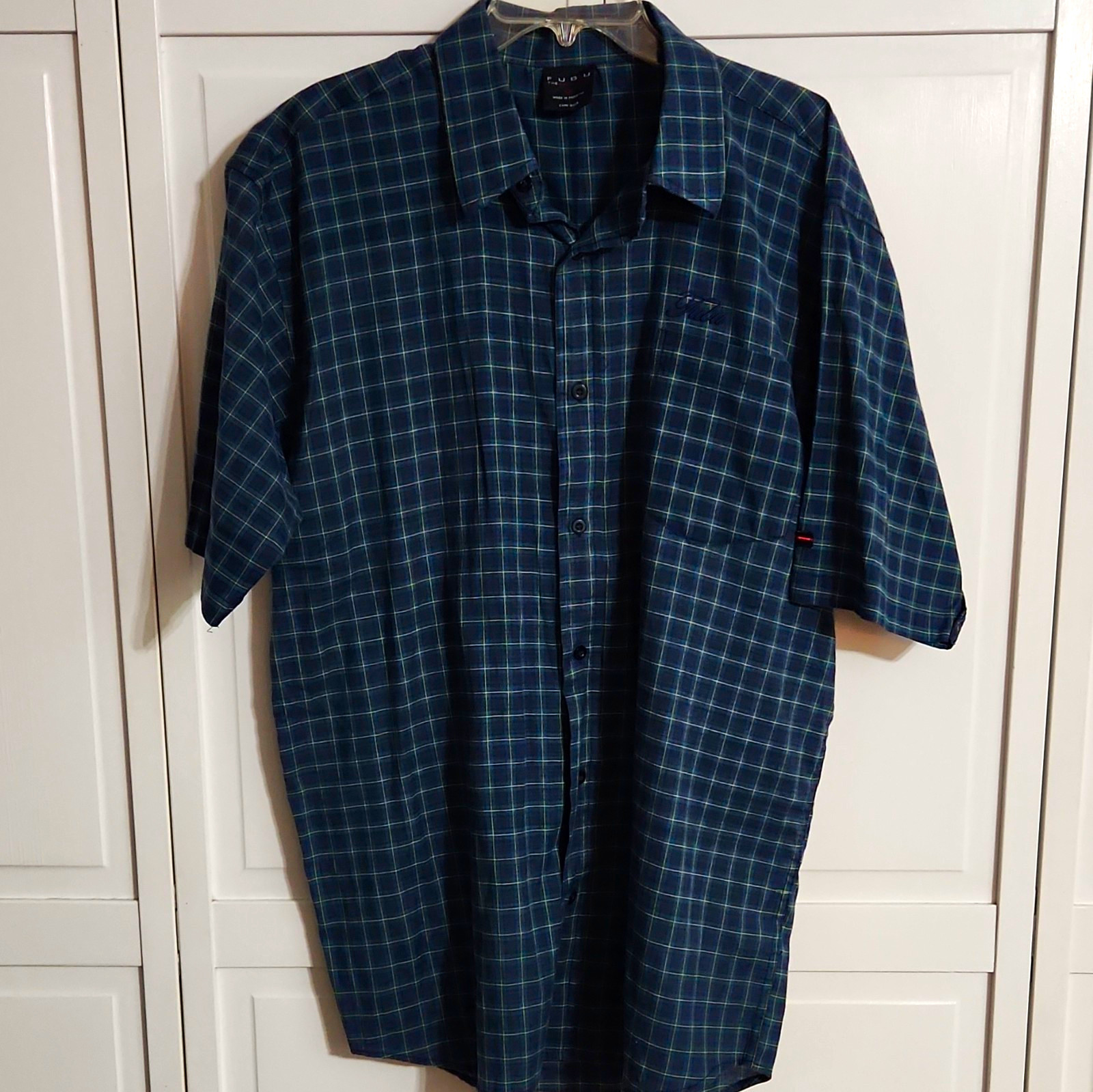 VTG FUBU Shirt Men 1X XL Blue Green Plaid Button Up Short Sleeve 90s Y2K Hip Hop