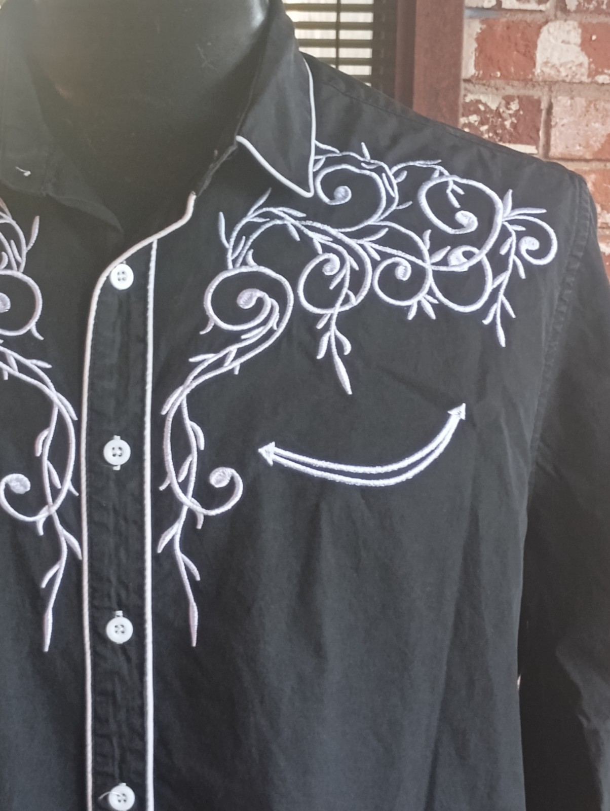 Coofandy Brand Embroidered Western Shirt Large Vintage Long Sleeve Black