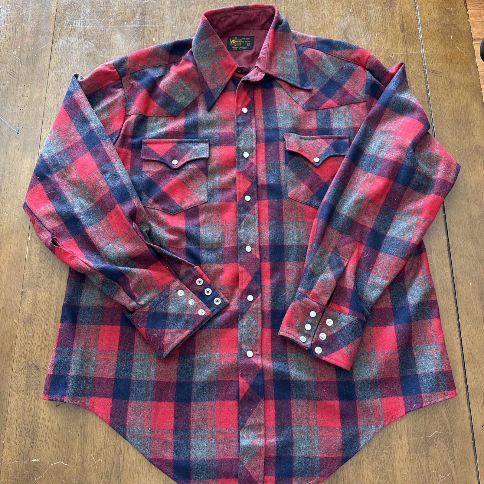 VTG 70s K Mart Mens L Western Shirt Dagger Collar Pearl Snaps Wool Flannel