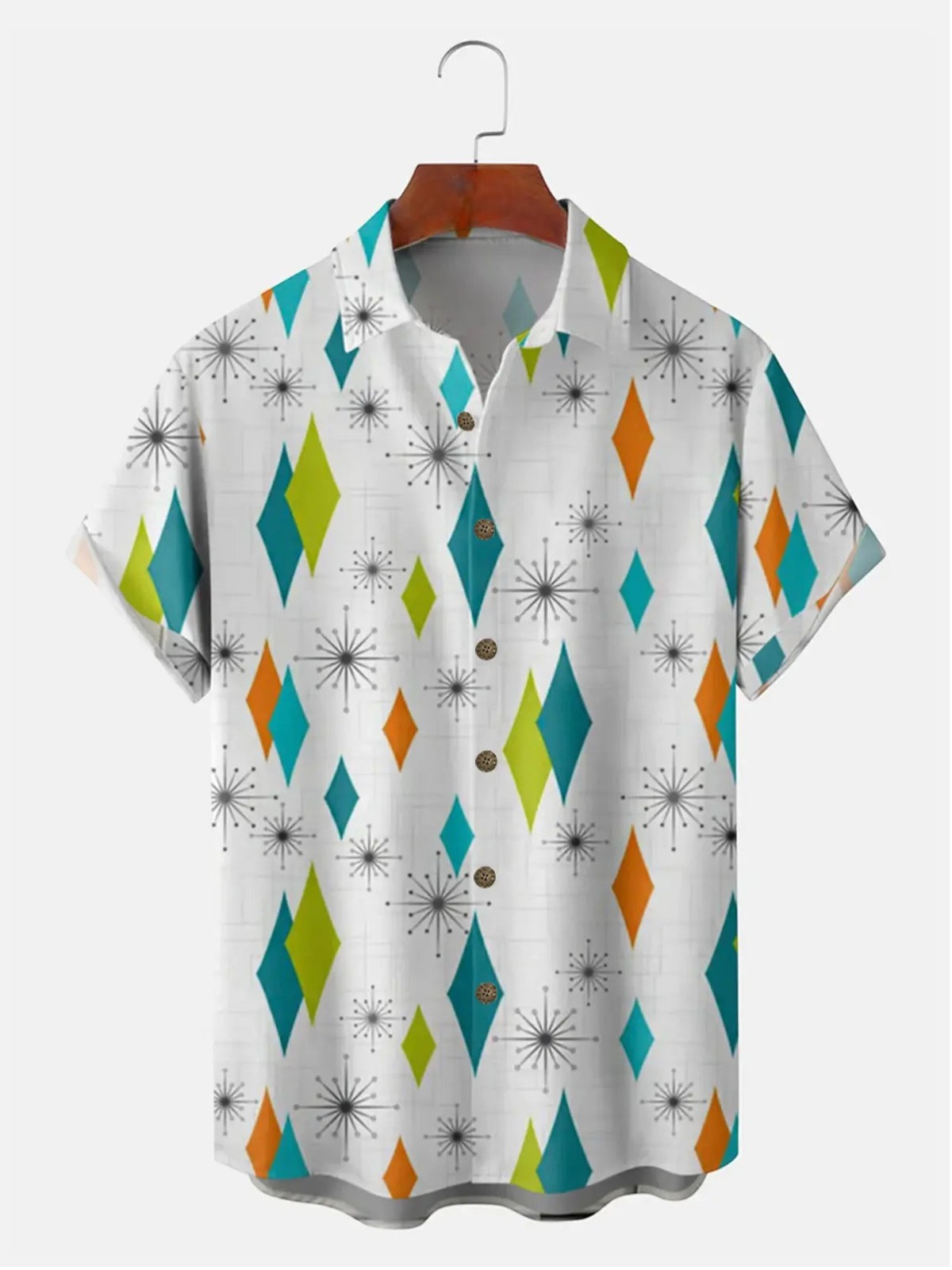 Mens Geometric Atomic Age Diamond Print Short Sleeve Casual Shirt