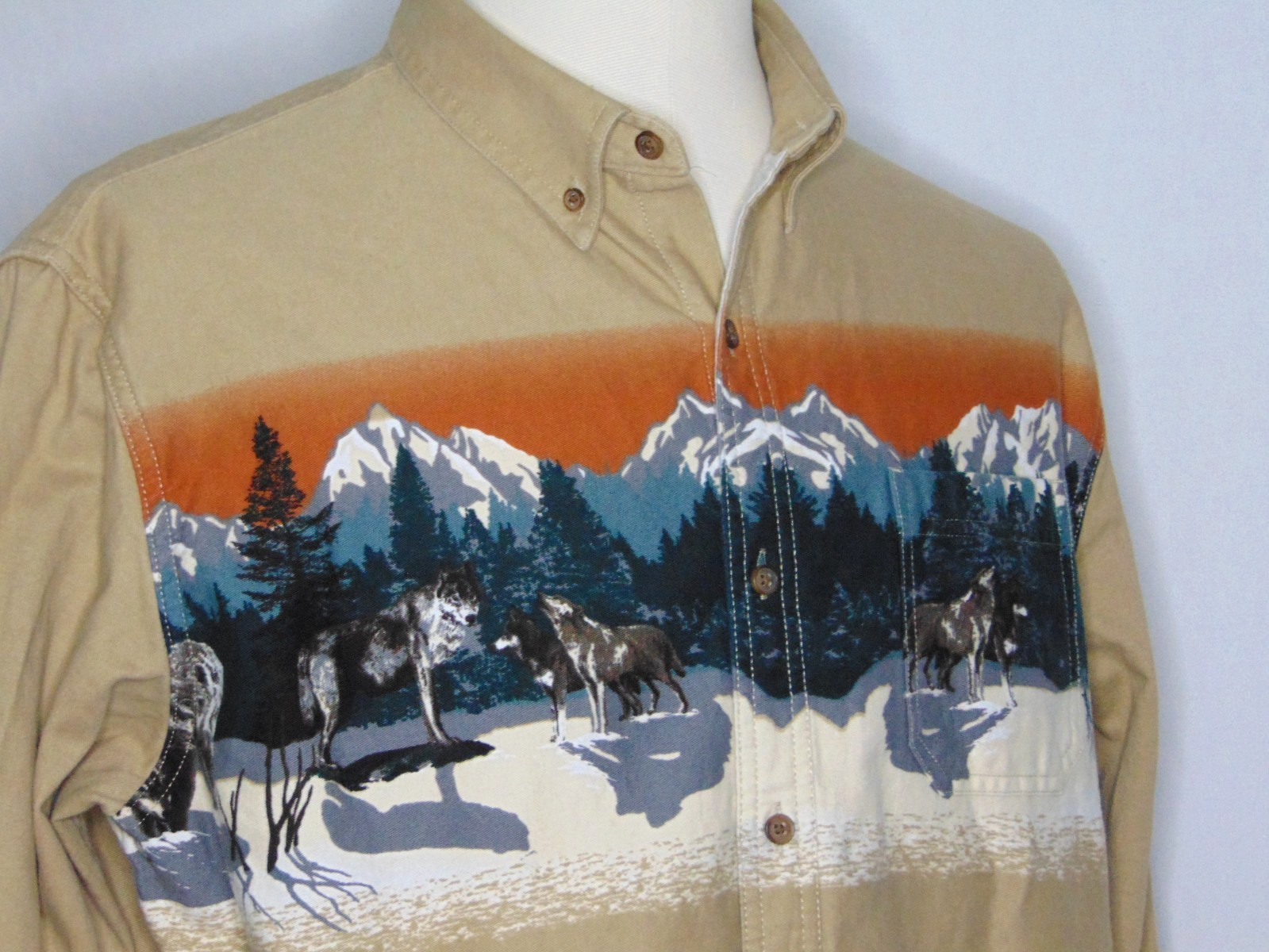 Wolf Western Shirt Mens L Croft & Barrow Button Down Flannel Tan Pocket Cotton