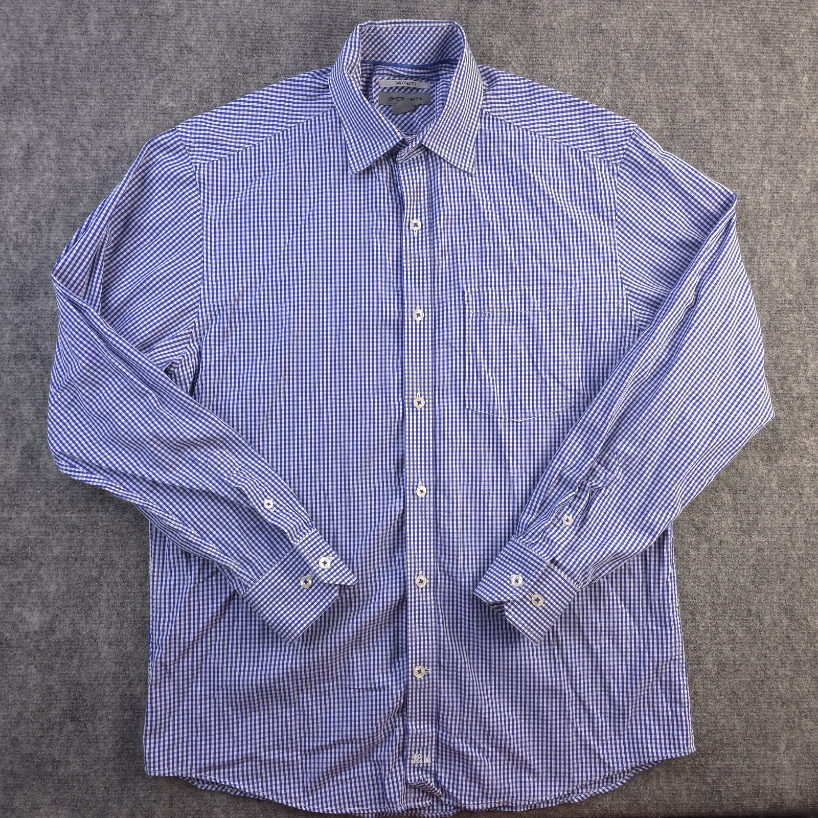 Johnston Murphy Shirt Medium Tailored Fit Blue Gingham Check Long Sleeve Button