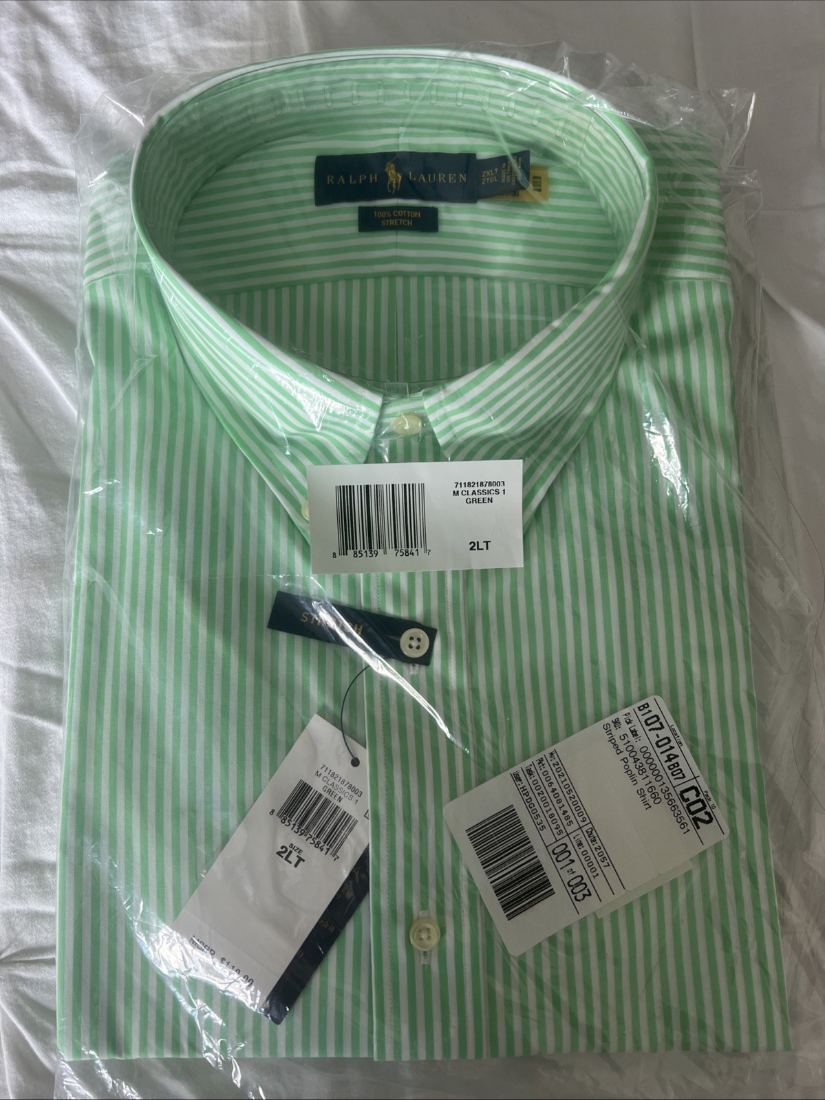 NWT Ralph Lauren 2LT Big & Tall Green White Stripe Stretch Cotton Button Down