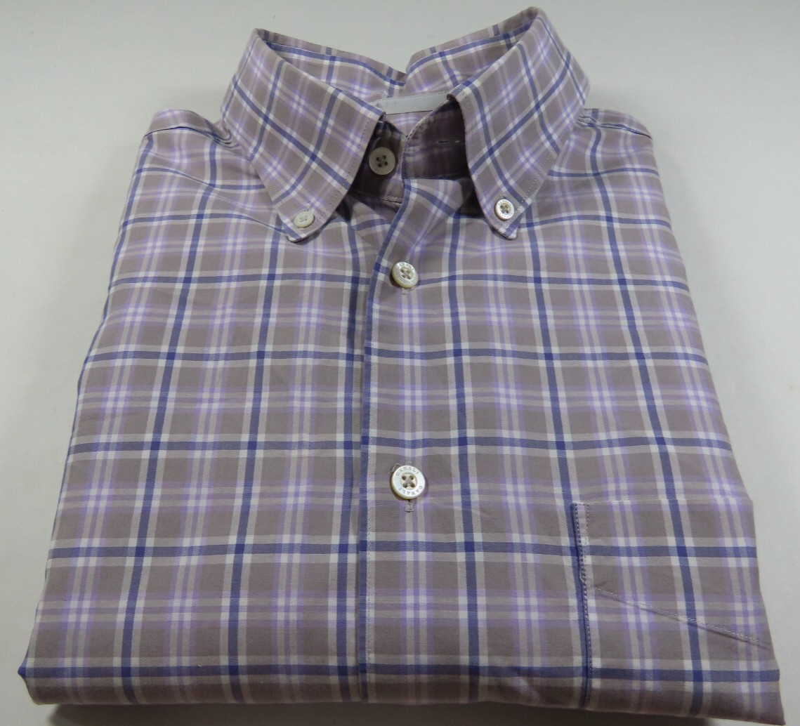 Canali Mens Pure Cotton Purple Gray Checks Plaids Italian Casual Shirt Large XL