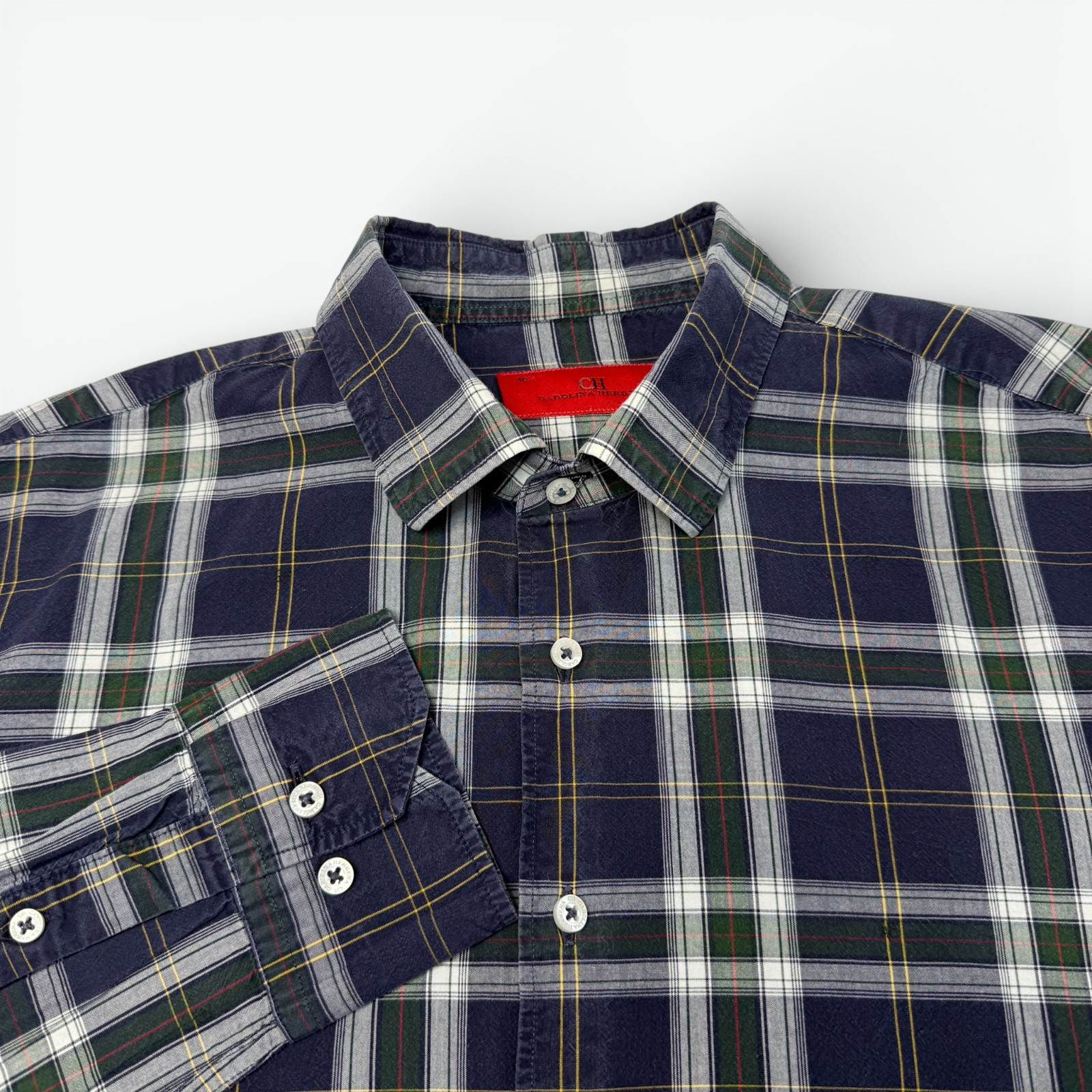 Carolina Herrera CH Plaid Shirt Mens Size 16.5 L Blue Plaid Long Sleeve