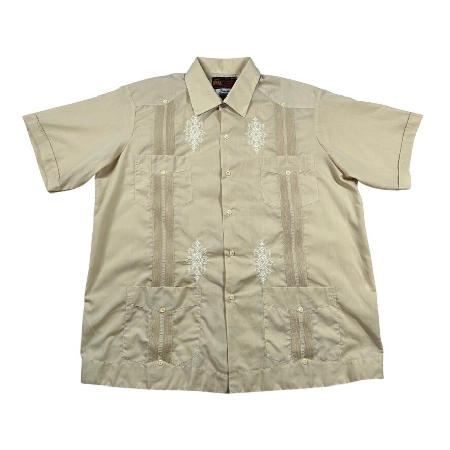 Guayaberas Yucatecas Mens XXL Tan Short Sleeve Embroidered Mexican Wedding Shirt