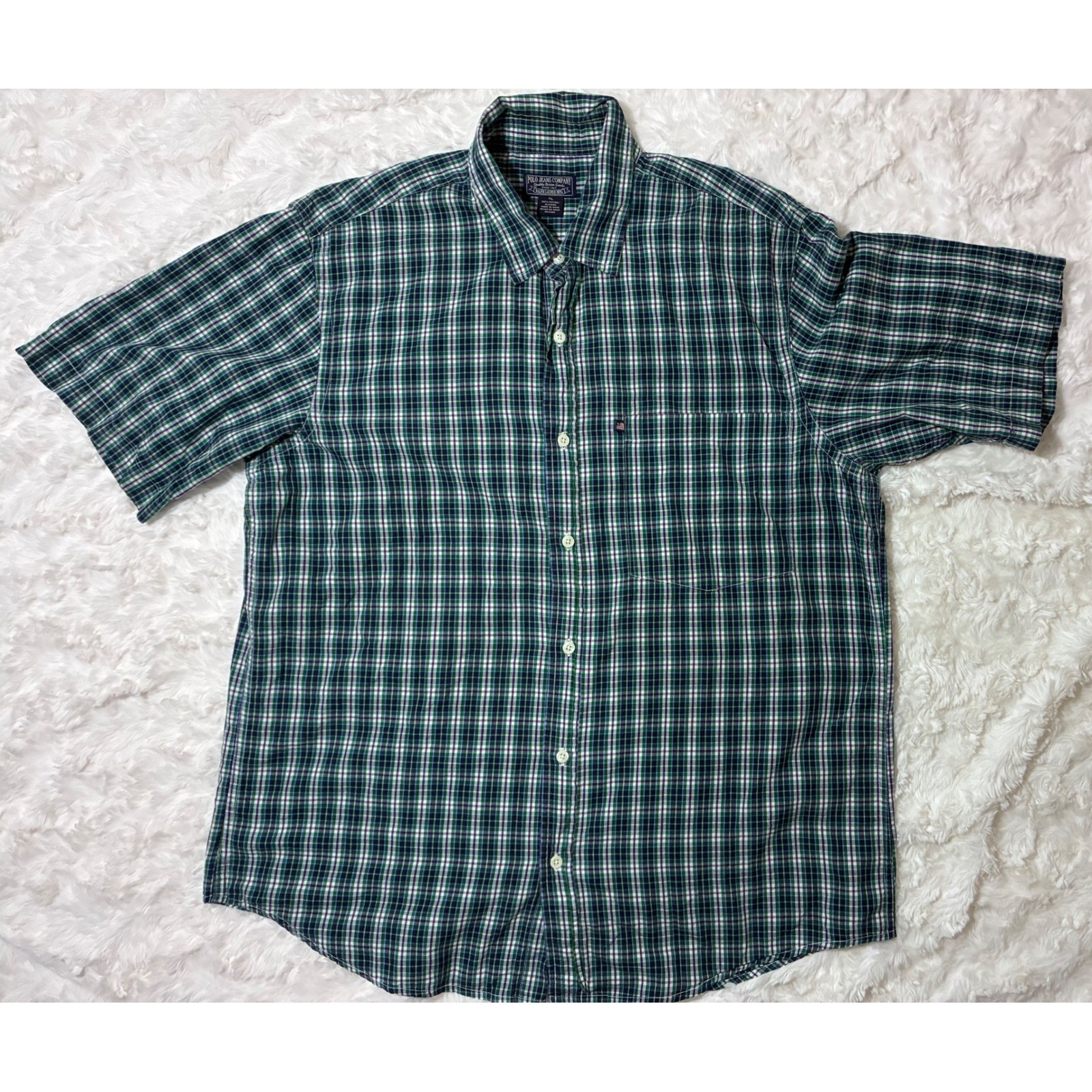 Y2K Polo Jeans Co Ralph Lauren Mens XL Green Plaid Short Sleeve Button Shirt