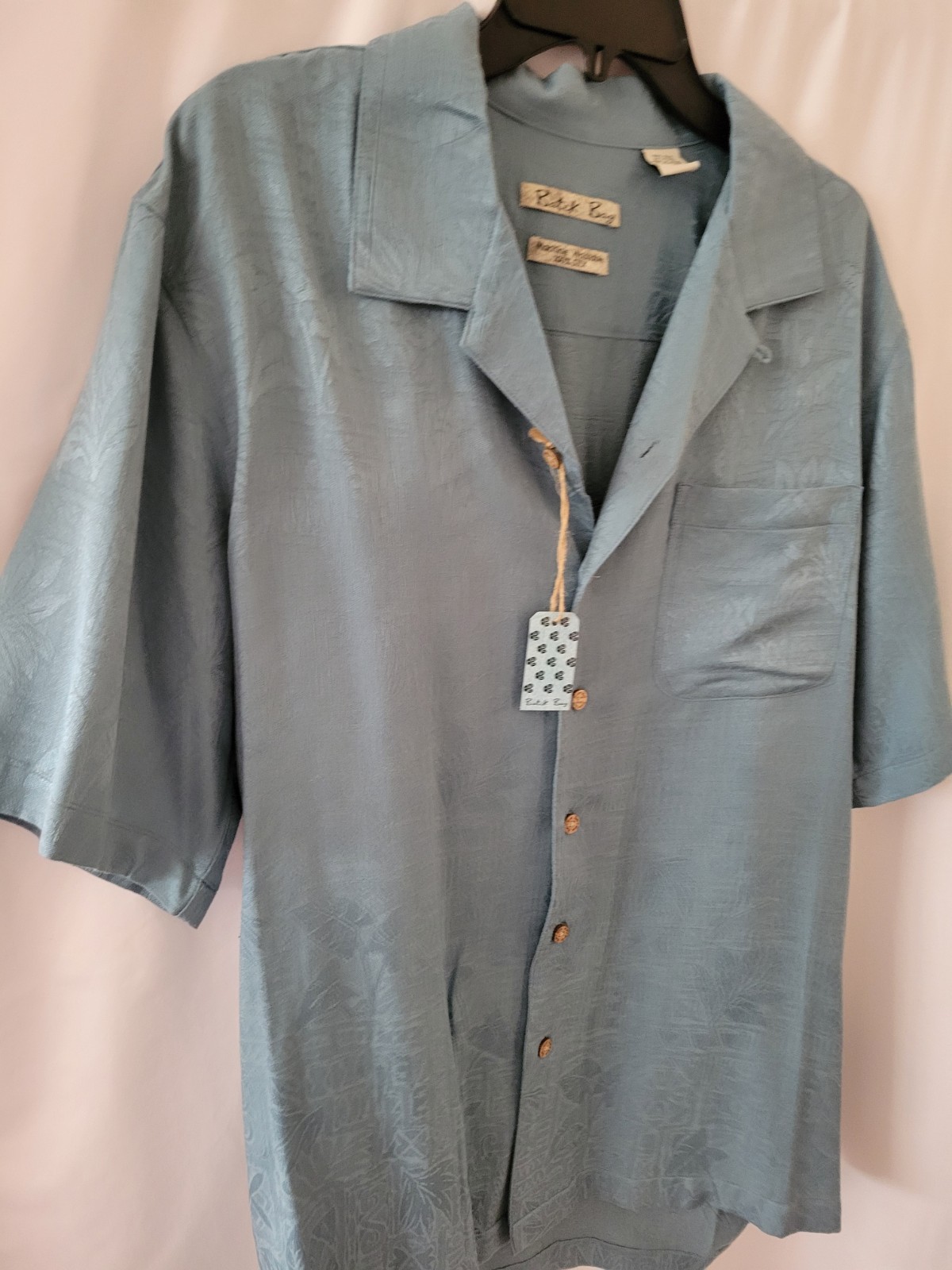 100% Machine Men’s Washable Silk Smokey Blue Batik Bay Hawaiian SS Shirt Medium