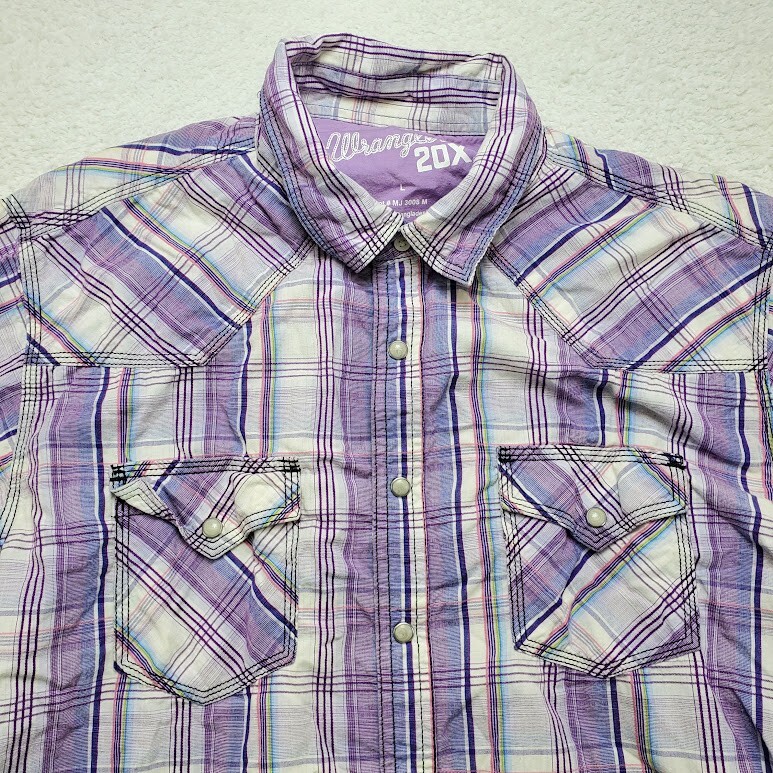 Wrangler 20X Short Sleeve Pearl Snap Western Rodeo Shirt Purple Plaid Men’s L