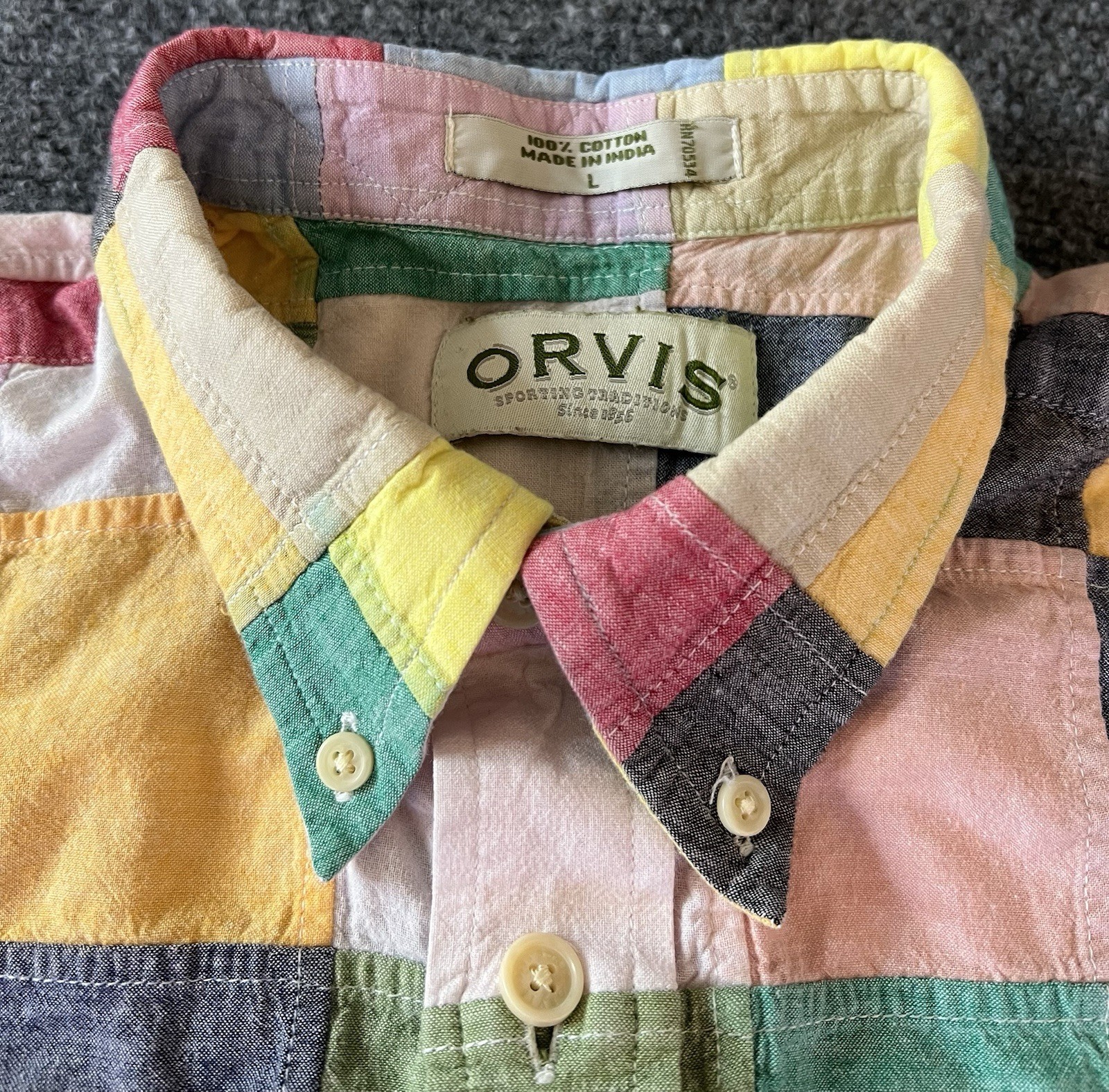 Vtg Orvis Patchwork Madras Shirt Mens Large Multicolor Plaid Preppy Button Down