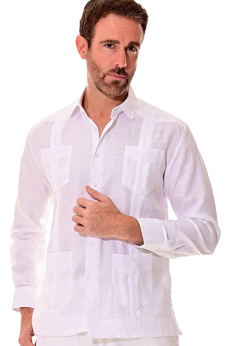 Bohio Mens 100% Linen Cuban Guayabera Shirt – White Traditional 4-Pocket- MLS501