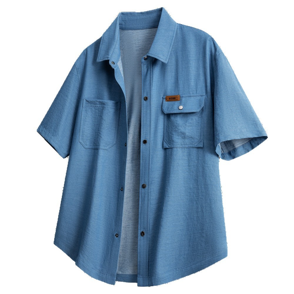 Men’s new lapel cardigan casual short sleeved shirt worn outside