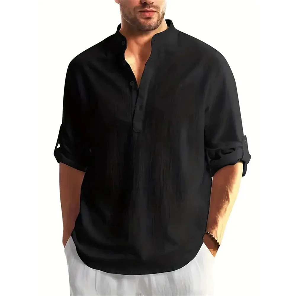 Autumn New Men’s Cotton Linen Long Sleeve T-shirt Solid Color Henley Collar.