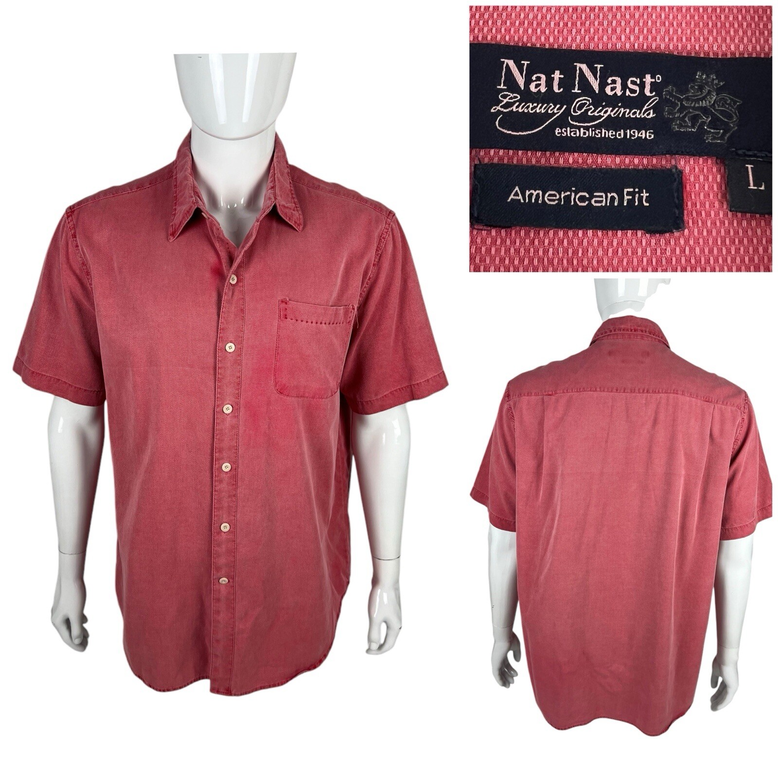 Nat Nast Mens Large Shirt Silk Cotton Blend Red Tango Short Sleeve American Fit