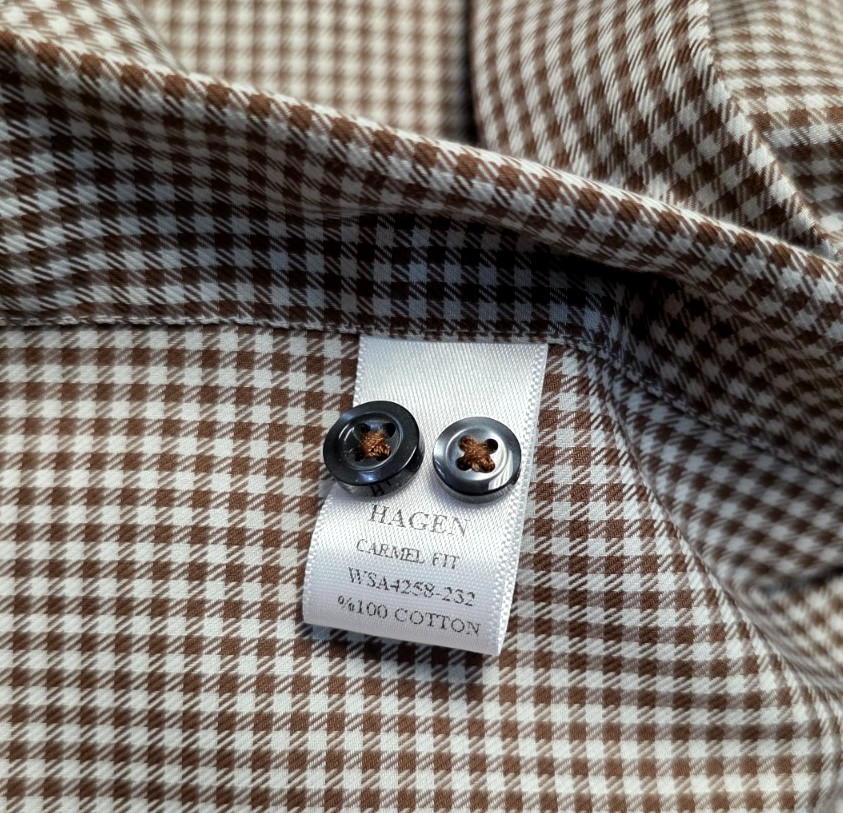 $200 NEW Hagen Button Sport Shirt CARMEL FIT Men’s XL X-LARGE Check BROWN Cotton