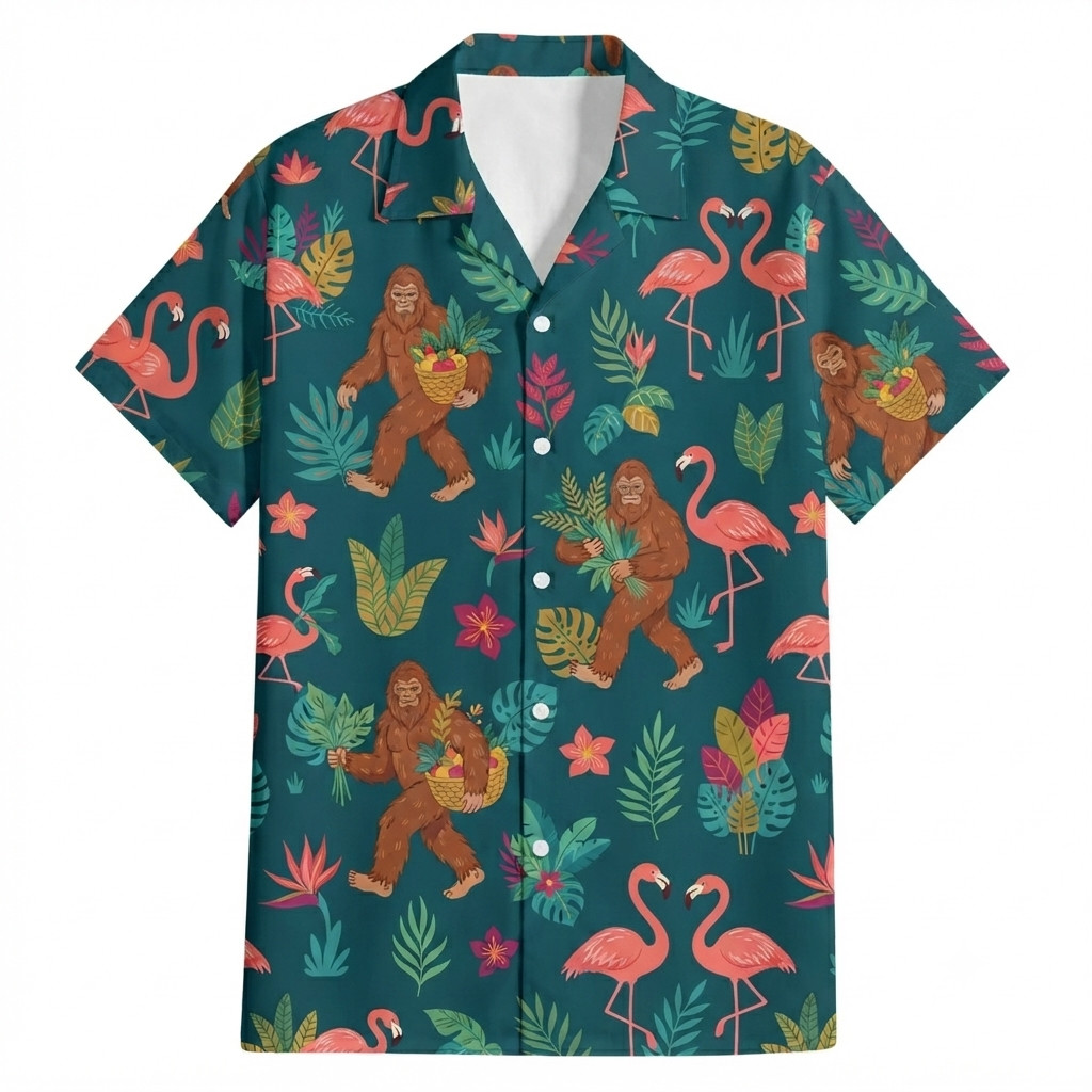 Bigfoot Tropical Vacation, Fruit Basket. Flamingos Hawaiian Shirt, Friends Gift