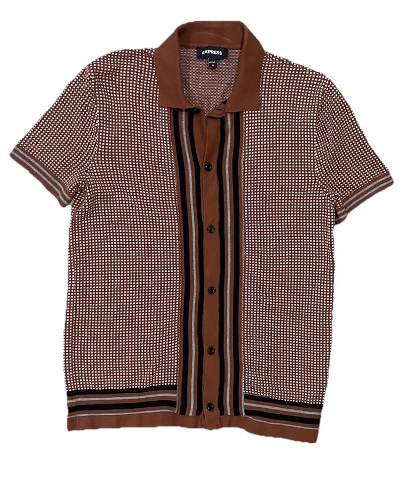 Express Geometric Button Knit Shirt Short Sleeve Brown Black S Resort Cardigan