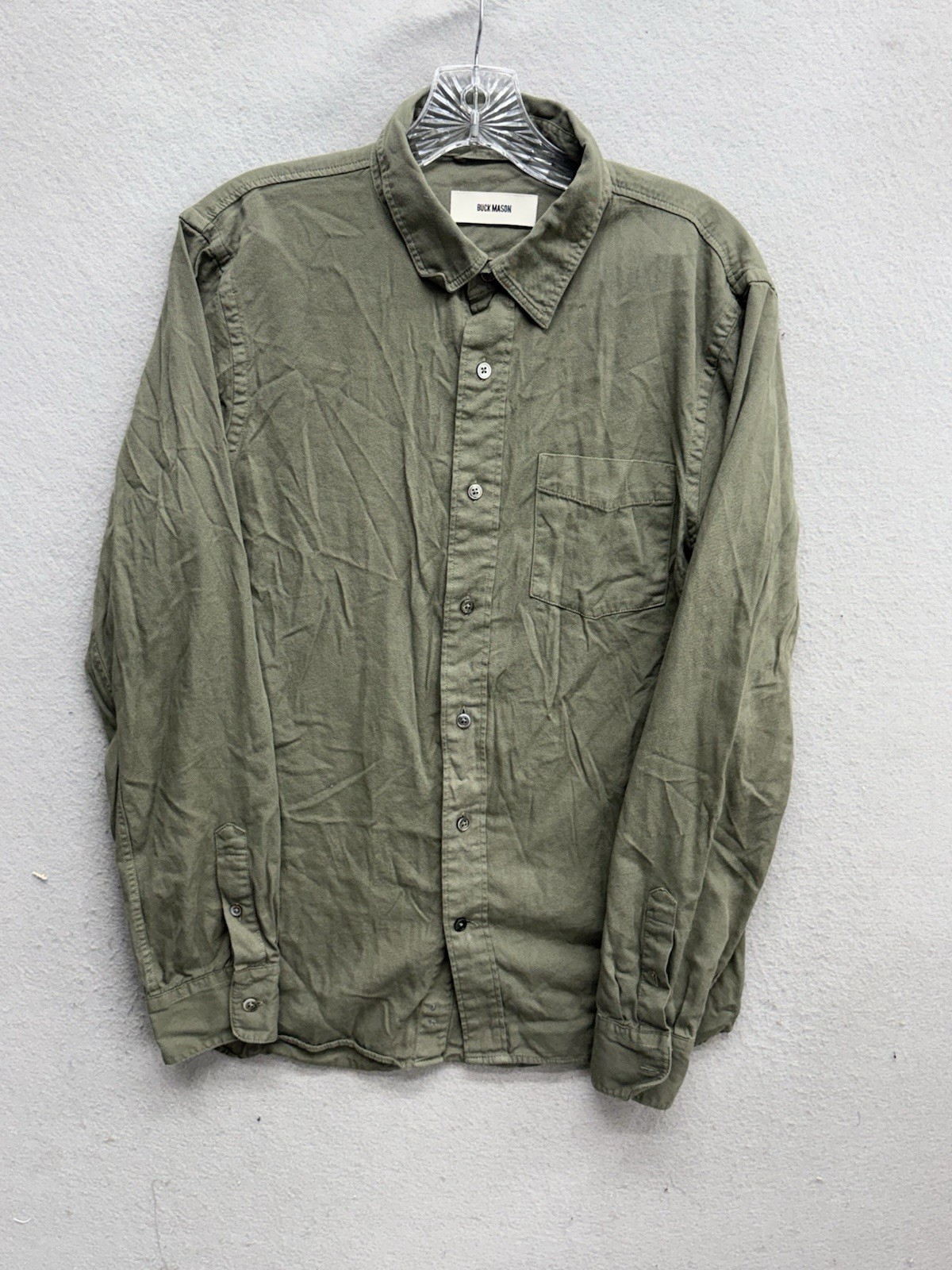 Buck Mason Mens Small S Olive Green Cotton Rayon Twill Long Sleeve Button Down