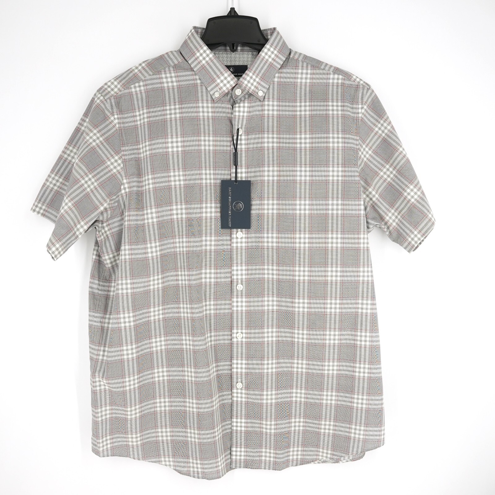 Hart Schaffner Marx Men’s Short-Sleeve Shirt XL Gray Red White Check NWT $89.50