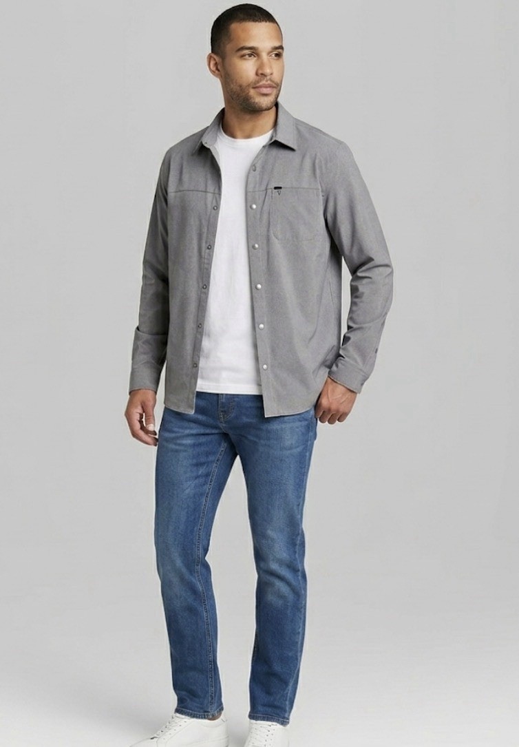 Gray Snap Front Performance Shacket Stretch Utility Lg Minimal Quiet Luxury