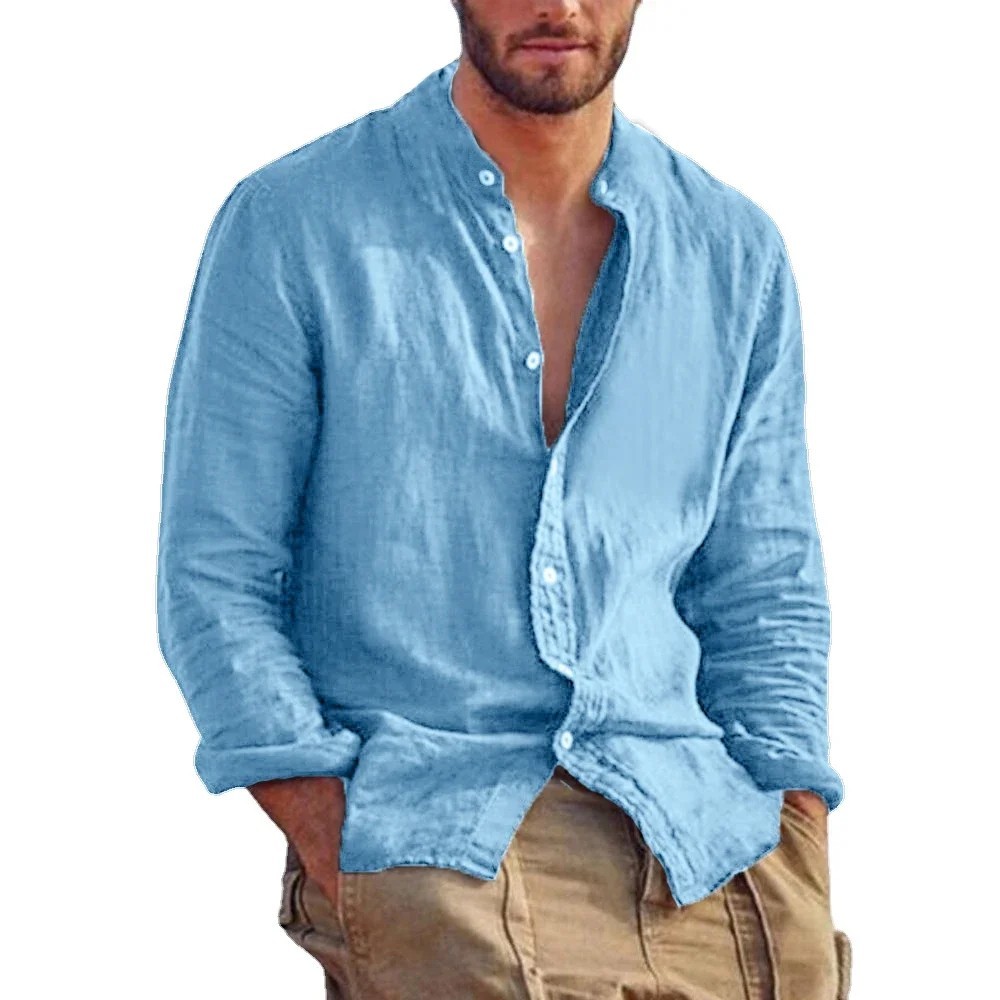 Mens Band Collar Shirt Long Sleeve Casual Button Front Summer Top