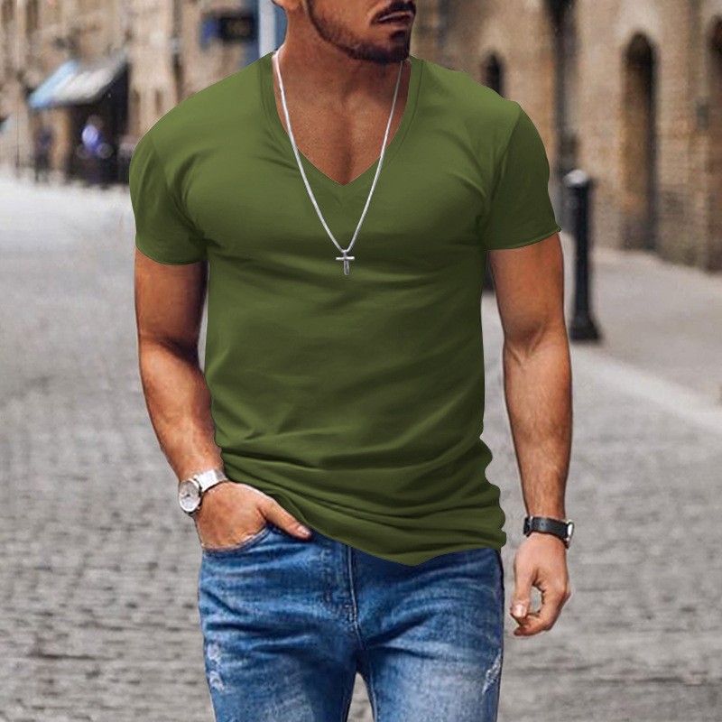 Summer men’s V-neck solid color thin casual T-shirt short sleeve top