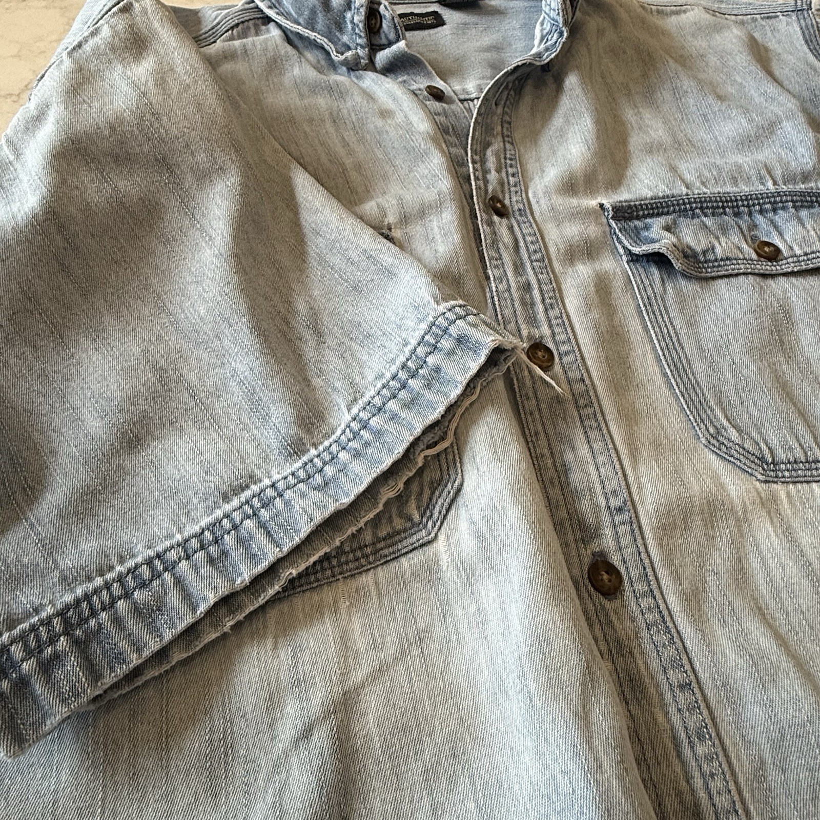 VTG Distressed Denim Button Up Shirt Short Sleeve Light Blue Wash Faded Glory L
