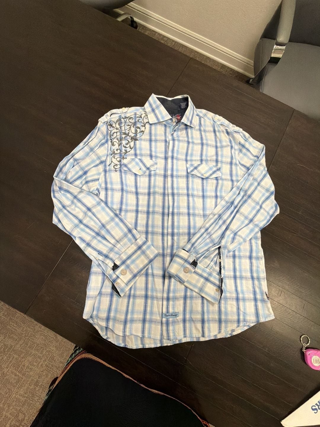 English Laundry Men’s Blue and White Plaid LS Btn Up Shirt w Embroidered Detail