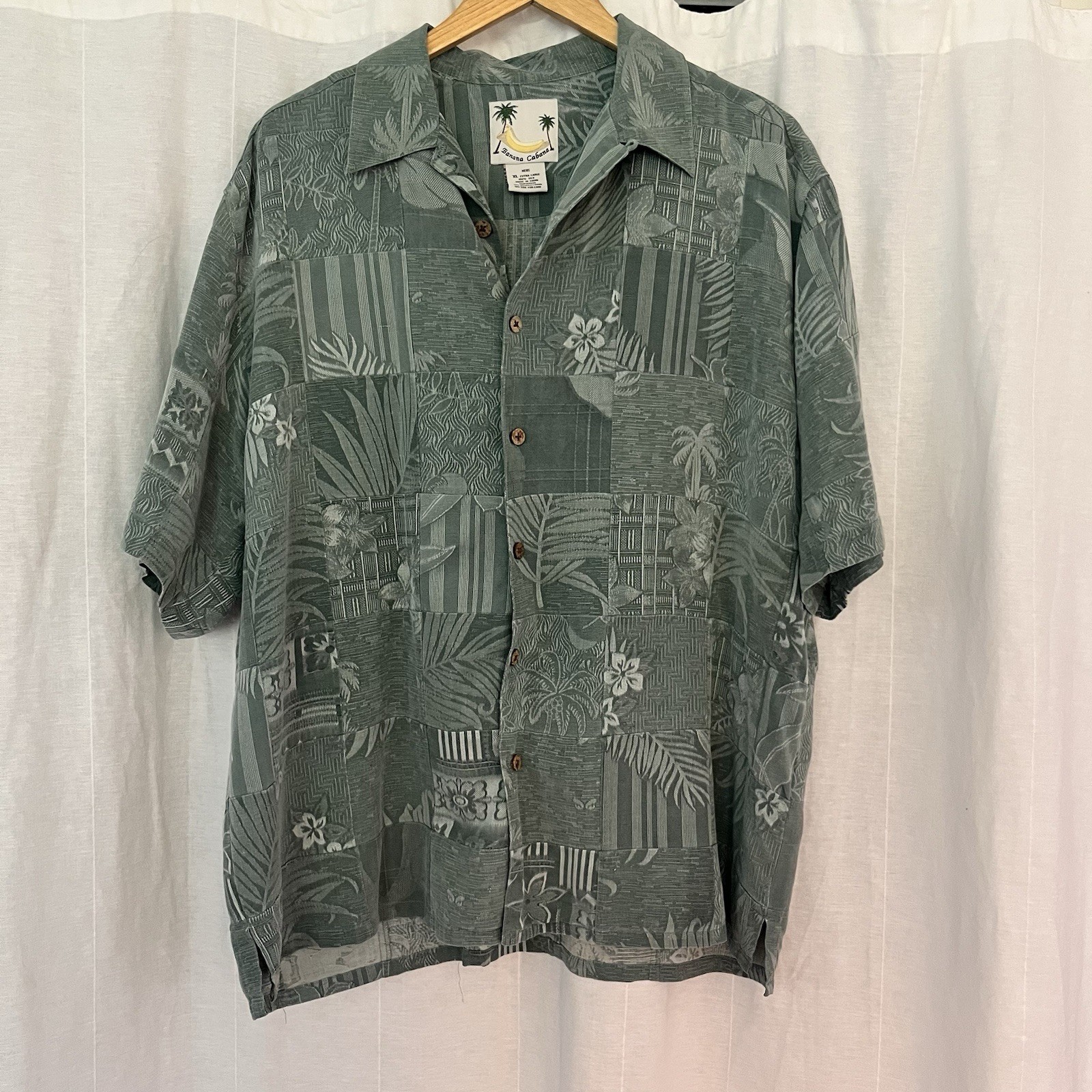 Banana Cabana XL Hawaiian Silk Shirt Sage Green Palm Tree Floral Coastal