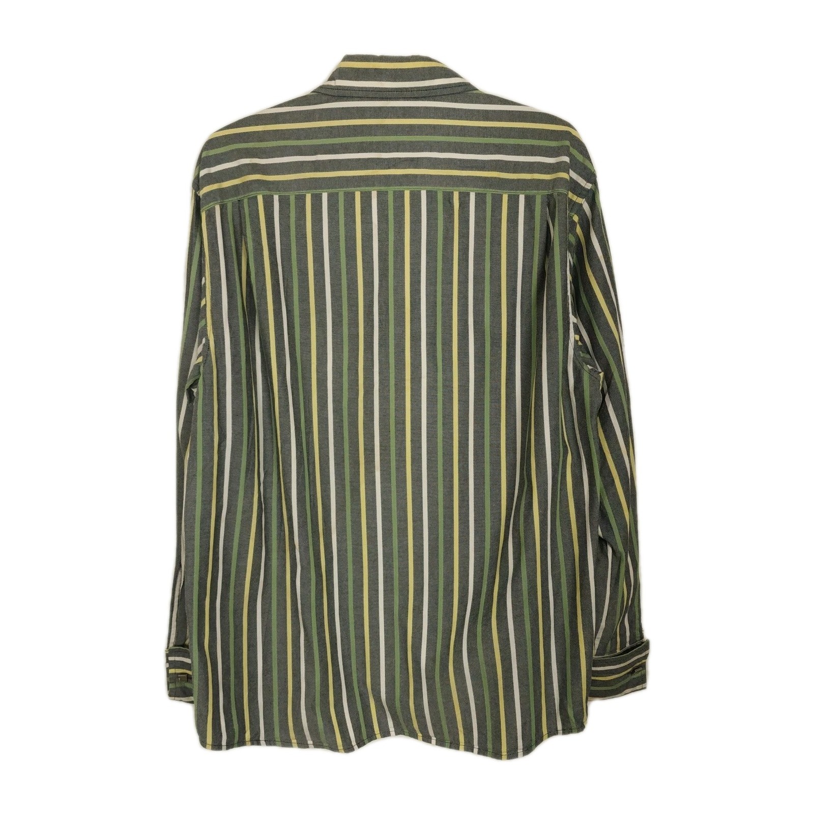 Vintage French Cuff Sz M Heavy Woven Button Shirt Green Striped w/ Cuff Links