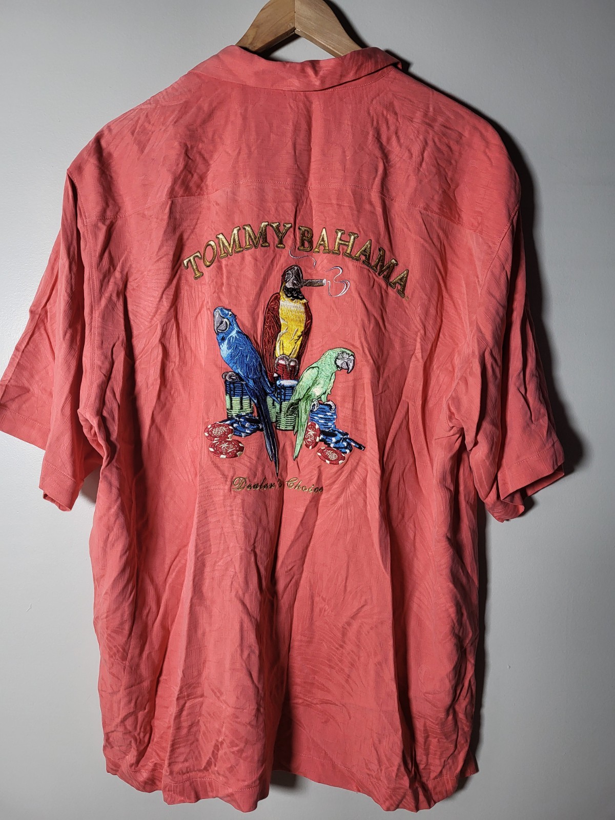 TOMMY BAHAMA L Dealer’s Choice Embroidery Parrot Poker SILK Hawaiian Shirt camp