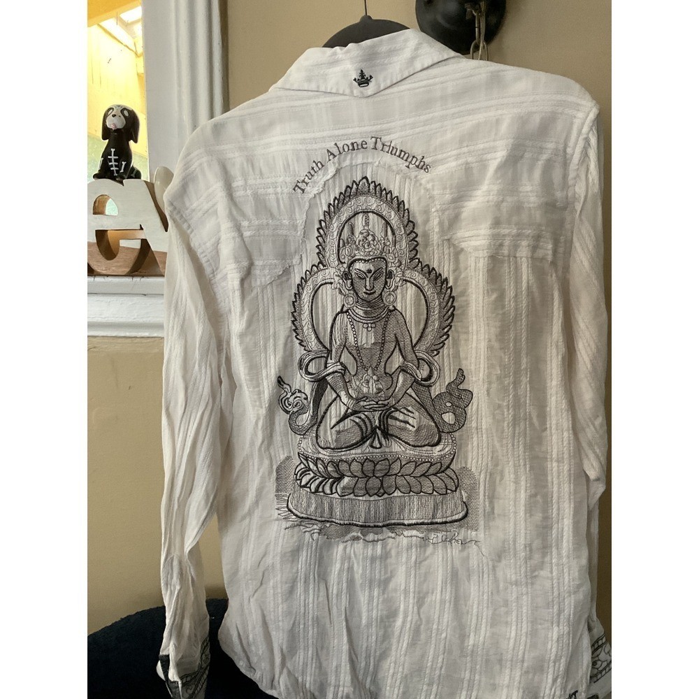 English Laundry Mens White Buddha Embroidery Button Down Shirt Independence M