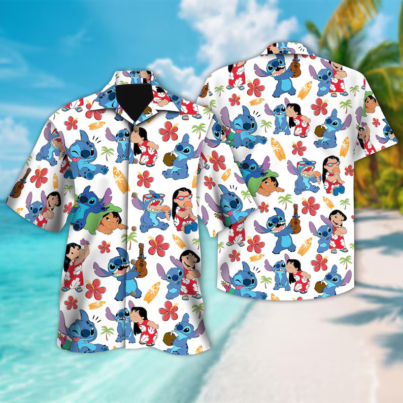 Disney Stitch And Lilo Tropical Summer Forever Friendship White Hawaiian Shirt