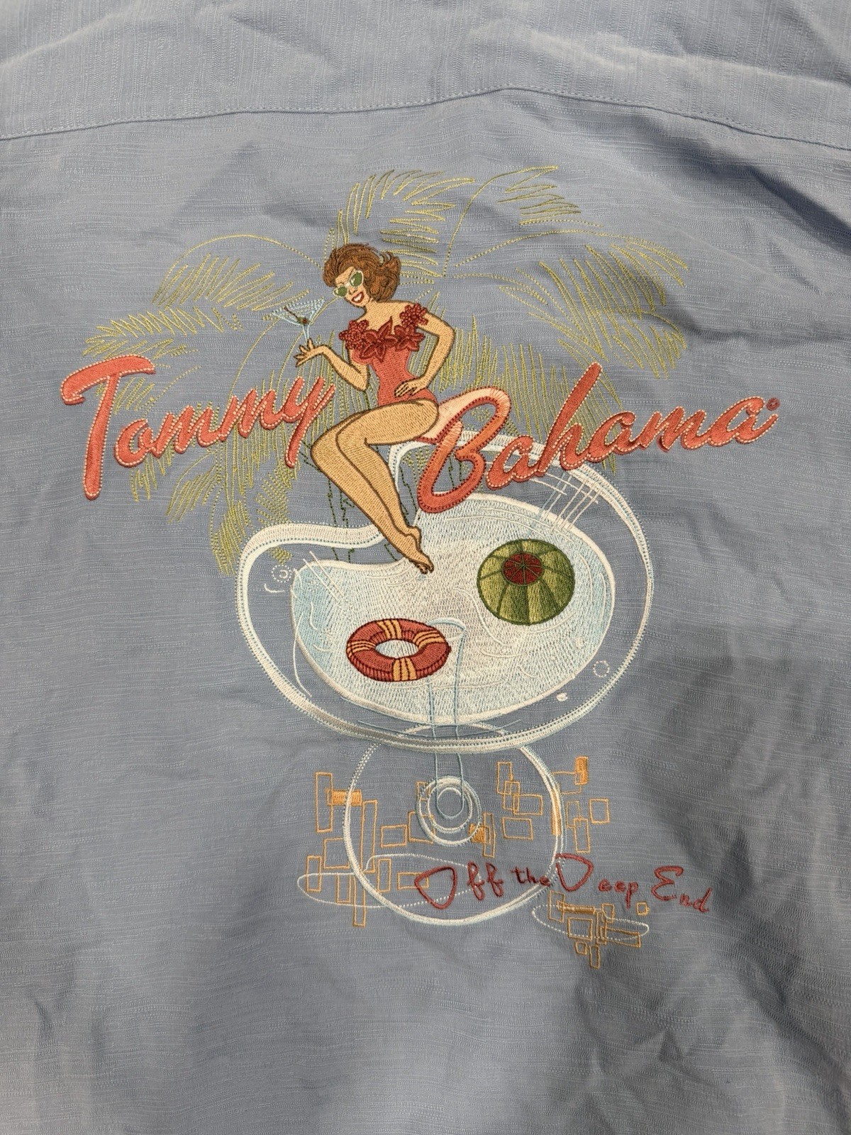 Tommy Bahama XL 100% Silk Camp Shirt Blue Embroidered Back Cocktail Hawaiian