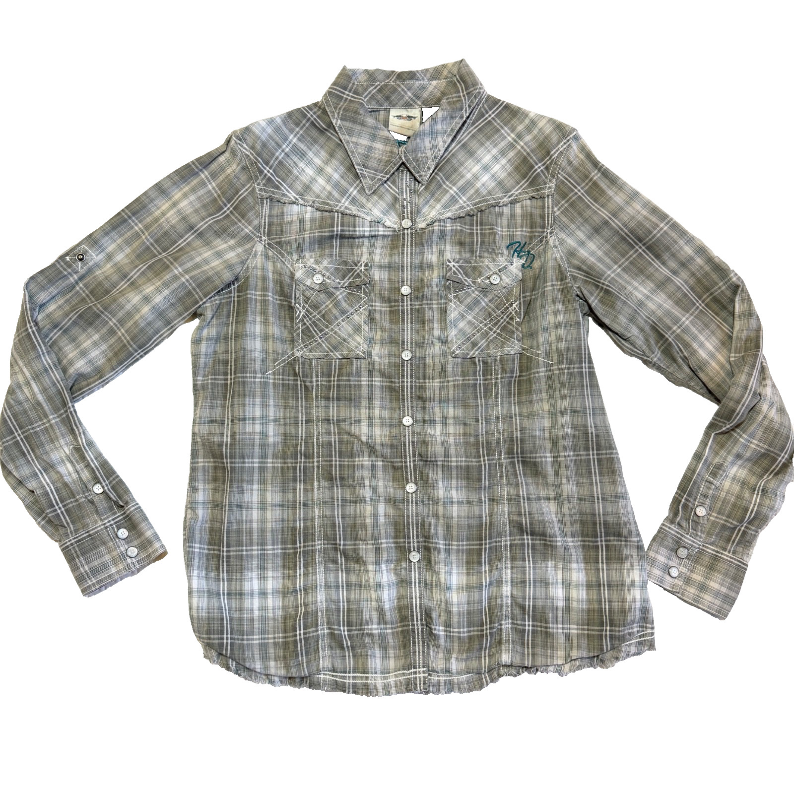 Harley Davidson Shirt Mens XL Gray Plaid Western Snap Embroidered Studded Biker