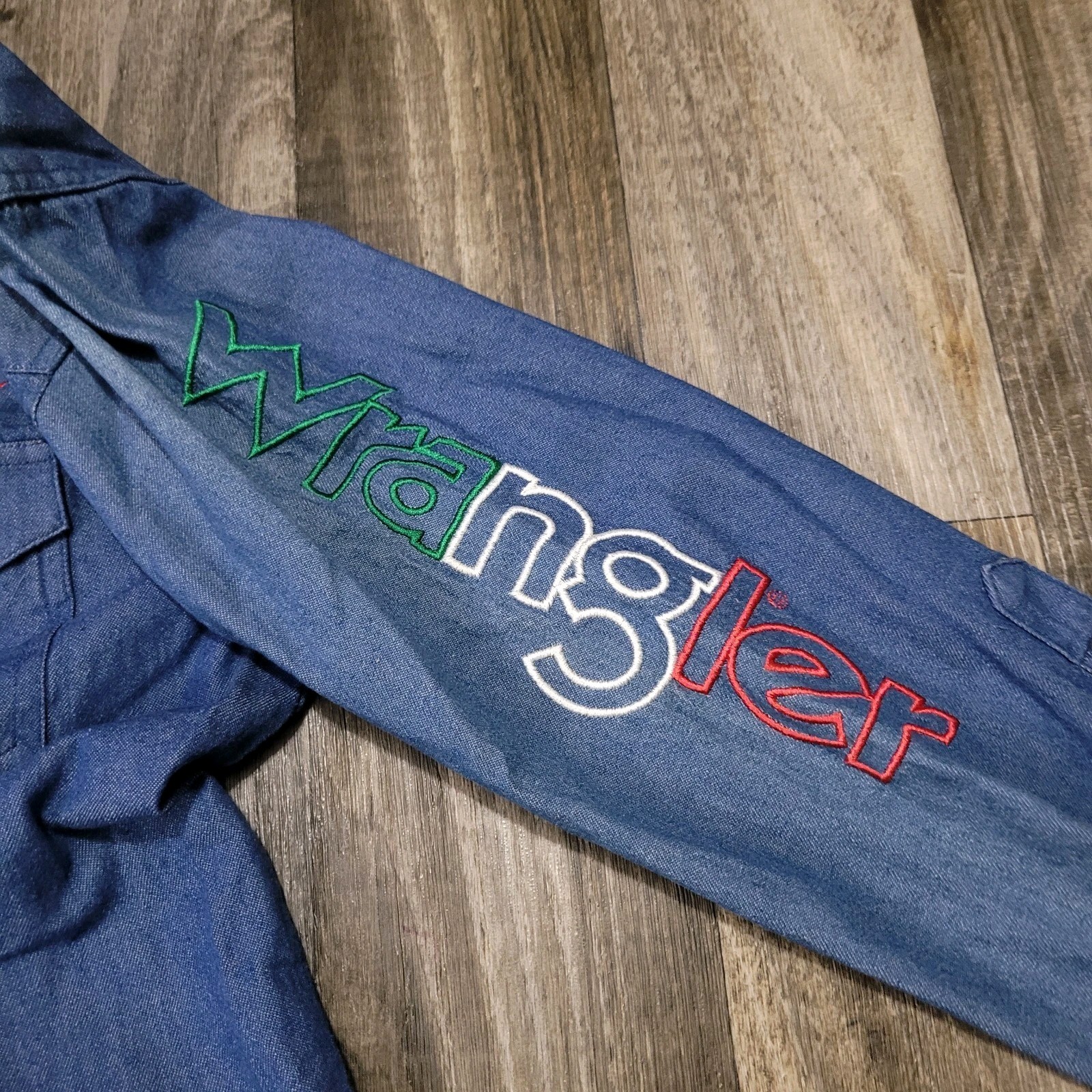 Wrangler Pearl Snap Shirt Mens S Blue Denim Mexico Flag Colors Embroidered Logo