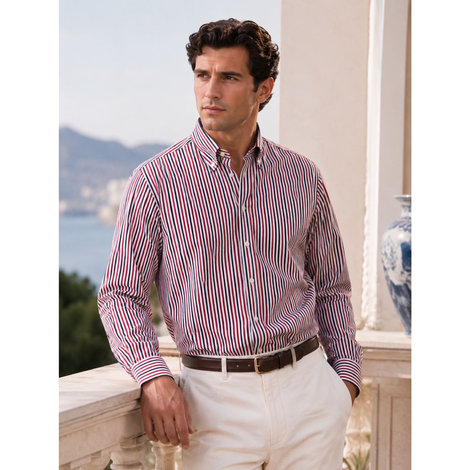 CAROLINA HERRERA Blue Red Stripe Button Up Long Sleeve Shirt Top Mens Size 17