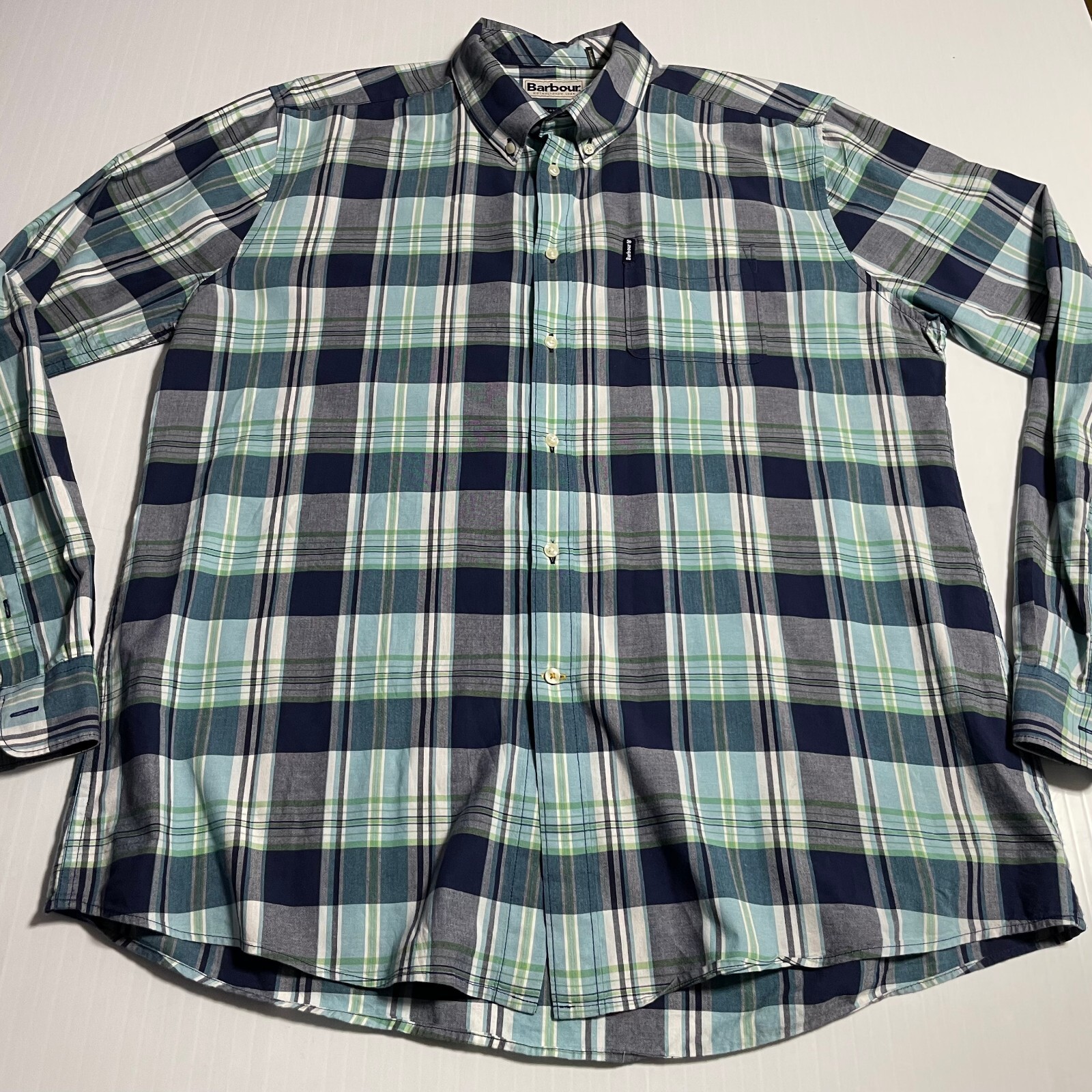 Barbour Madras Navy Multicolor Plaid Ltwt Cotton Shirt Tailored Fit XL